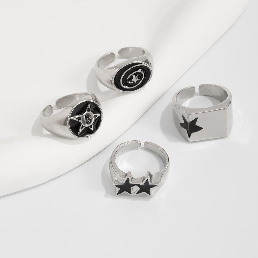 4pcs Black Five-Pointed Star Stainless Steel Rings Irregular Design Punk Couple Rings  Hiphop Style
