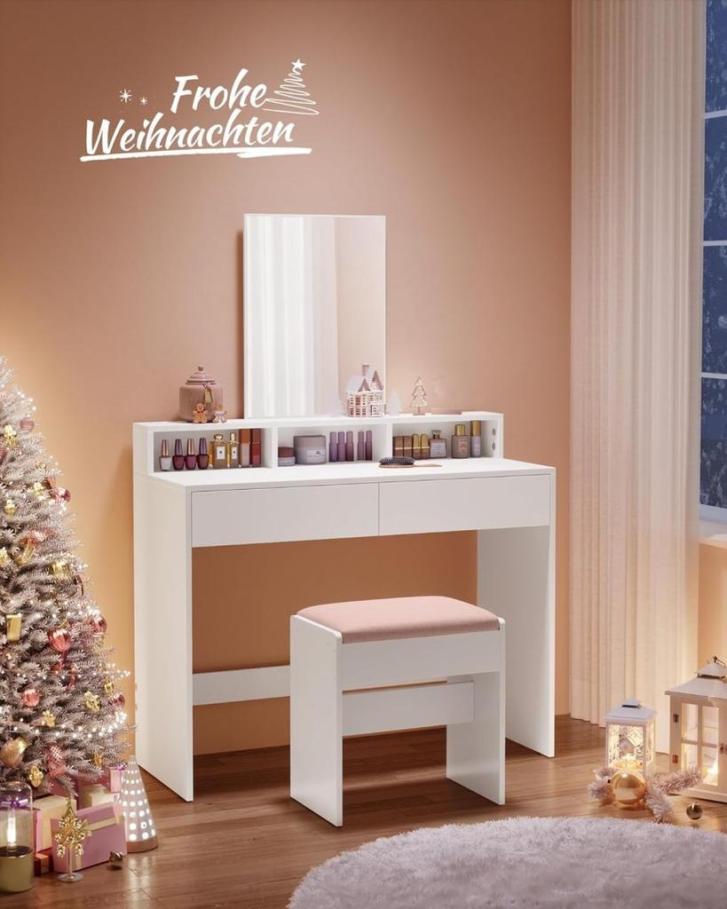 Toilette with large mirror and 2 drawers 3 Open compartments cosmetic table modern white