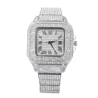 Fashion Full Diamond Square Quartz Watch for Men Women Luxurious Stainless Steel Strap Rhinestone Studded Dial