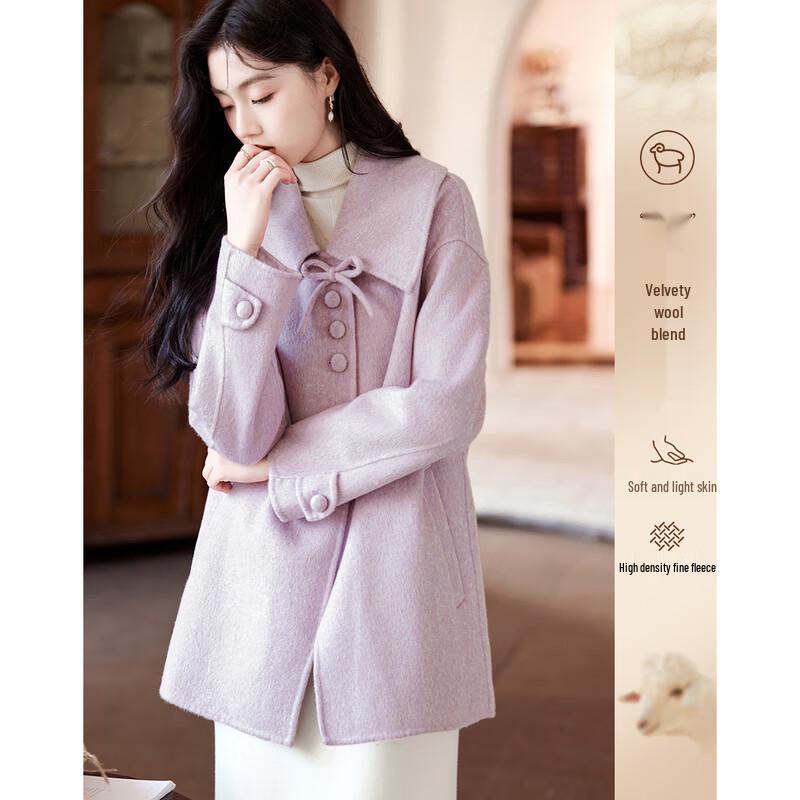

Women s Bowknot Design Wool Blend Coat M
