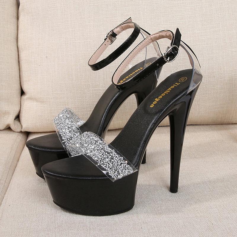 Lady Rhinestone High Thin Heel Sandals Women Ankle Strap Crystal Sandals for Office Nightclub Party Catwalk Show Pole Dance Pub