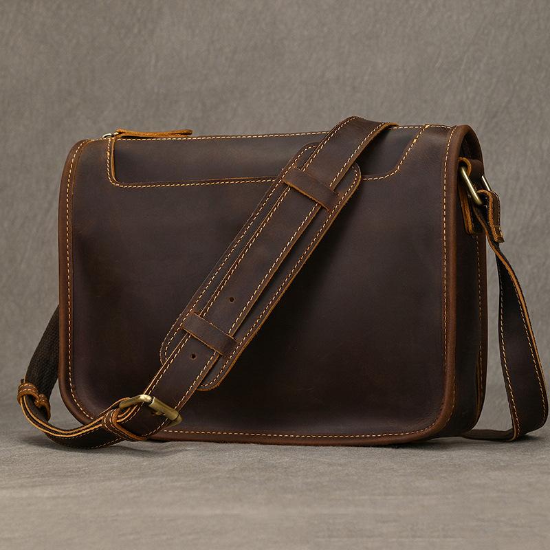 Men's Retro Leather Shoulder Bag, Crazy Horse Leather Crossbody Bag, Cowhide Men's Bag