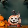 Halloween Pumpkin Figurine Spooky Mini Pumpkin Castle Statue Resin Tabletop Ornament for Halloween Porch Mantel Table Decor