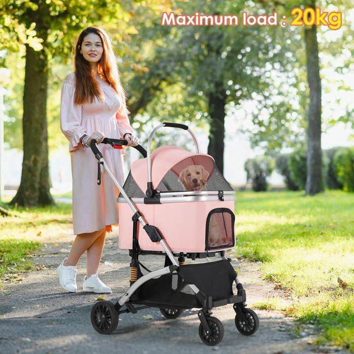 Poussette chien chat pliable 3 en 1, poussette animaux avec roues 360°, panier rangement, fenêtre maille, porte-gobelet