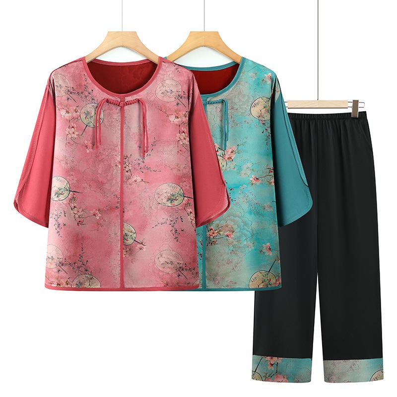 Chinese Style Summer Two-Piece Set for Middle-Aged and Elderly Women – Shirt and Pants Suit