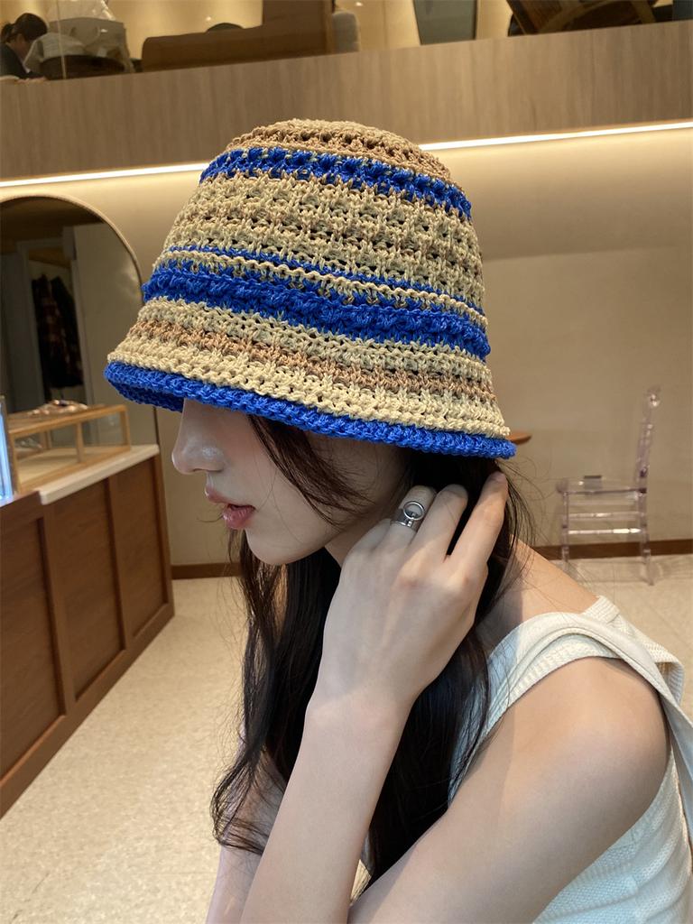 Spring and summer thin handmade knitted fisherman hat striped soft top basin hat versatile sun protection travel visor