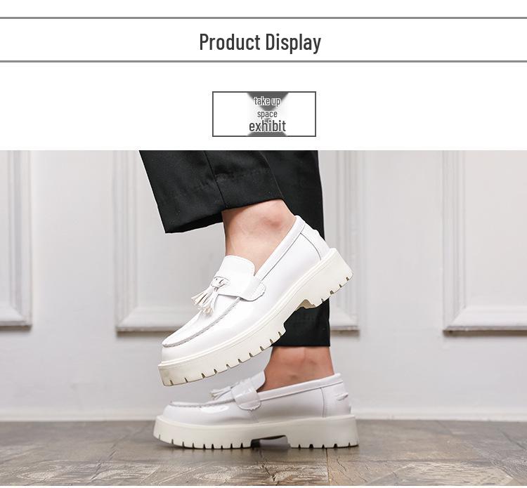 Mocassini da uomo in vernice bianca stile britannico con nappine, Suola spessa, Aumento dell'altezza, Scarpe casual, Taglia grande