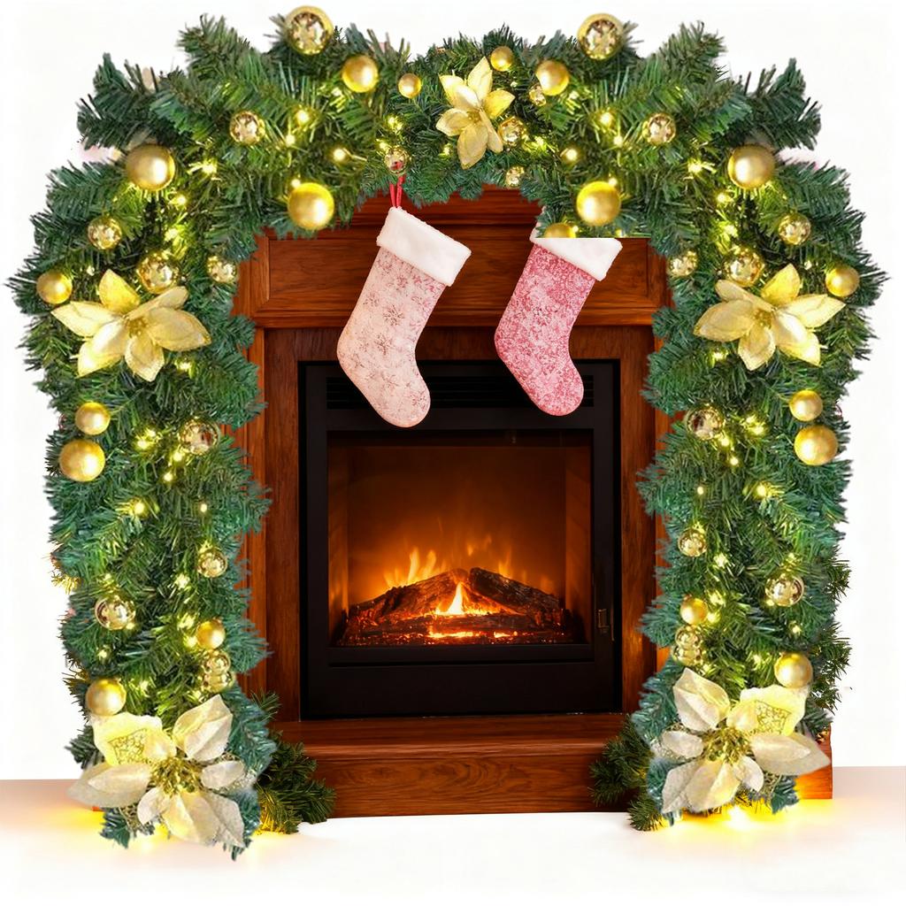 9FT Christmas Decoration Rattan Front Door Hanging Garlands Rattan Xmas Wreath for Mantel Stairs Home Indoor Outdoor Decor