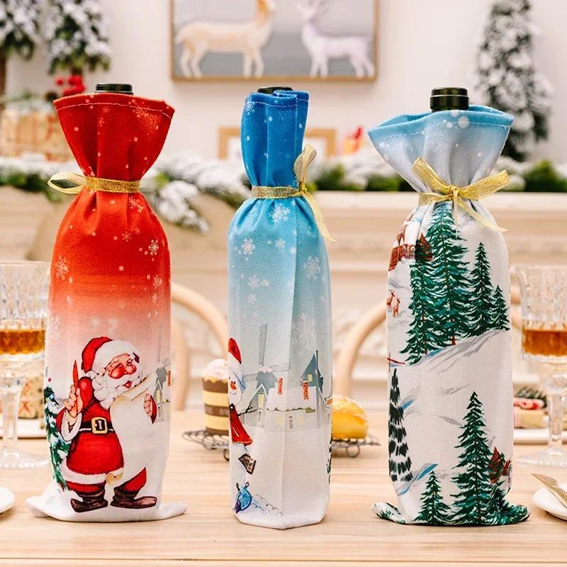 Christmas Wine Bottle Cover Non Woven Santa Claus Snowman Elk Print Home Christmas Decor Champagne Bottle Table Decor Xmas Gift