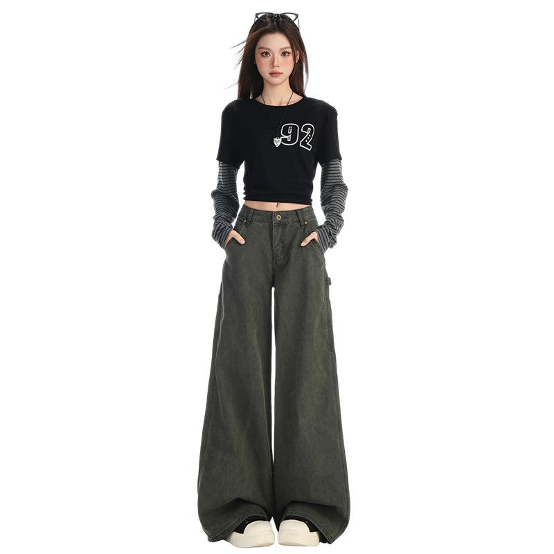 American khaki overalls women's autumn new multi-pocket retro casual wide-leg loose straight slightly pulled jeans