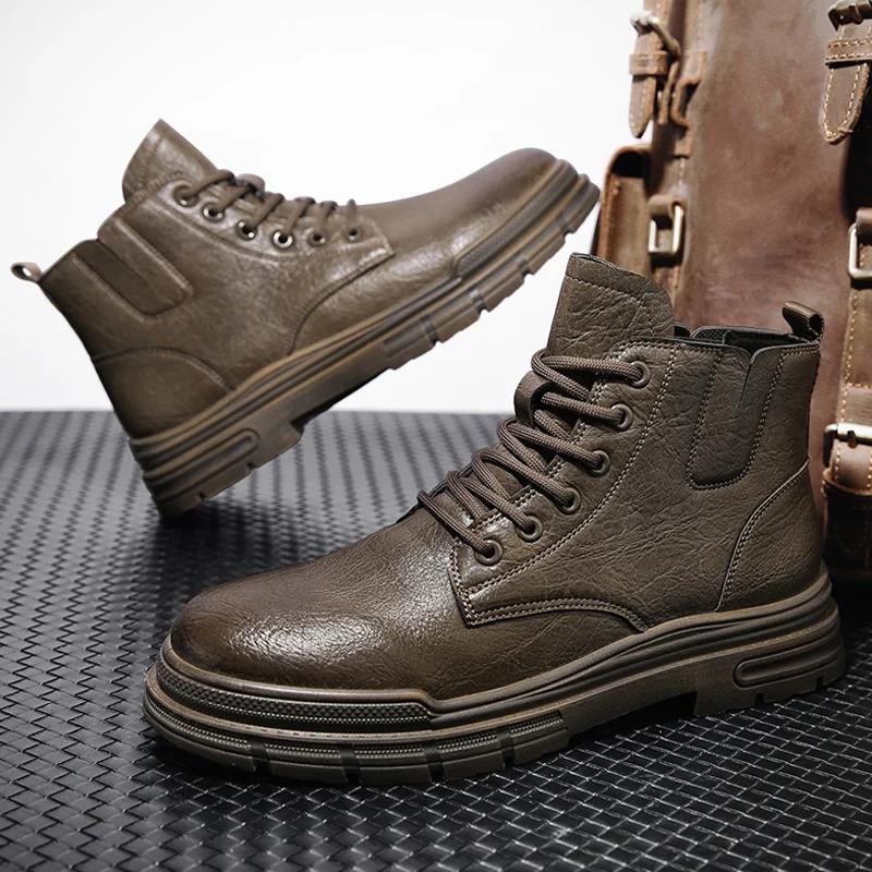 Black Leather Boots Insoles Chic Durable Stitching Design Outdoor Lace Up Ankle Boots Men Trainers  Work Boots