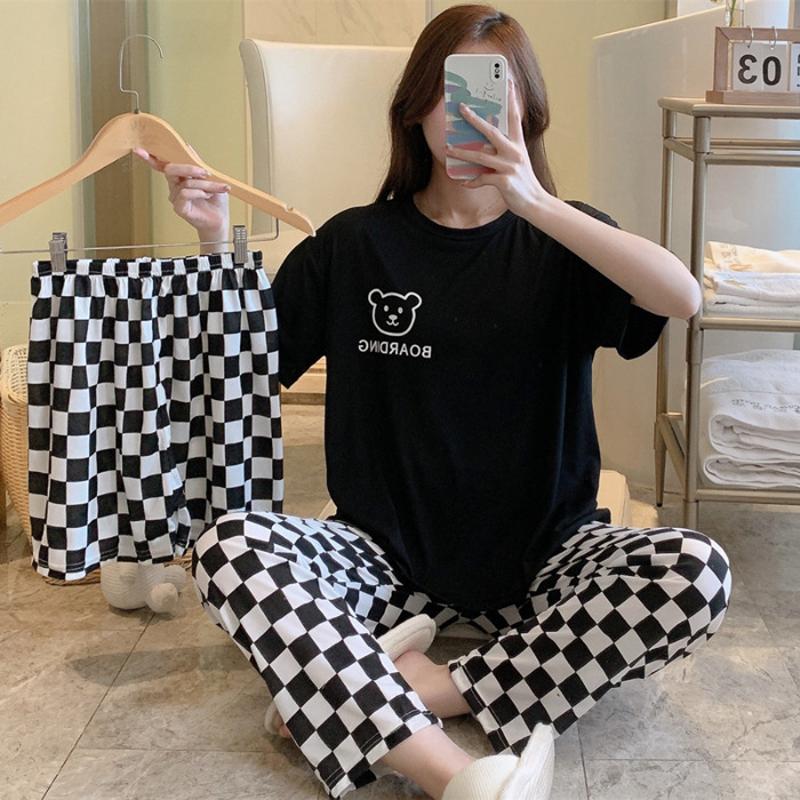 Women's Summer Three-piece Pajamas Homewear Women Short-sleeved Trousers Cartoon Leisure Women's Homewear Pajamas Set