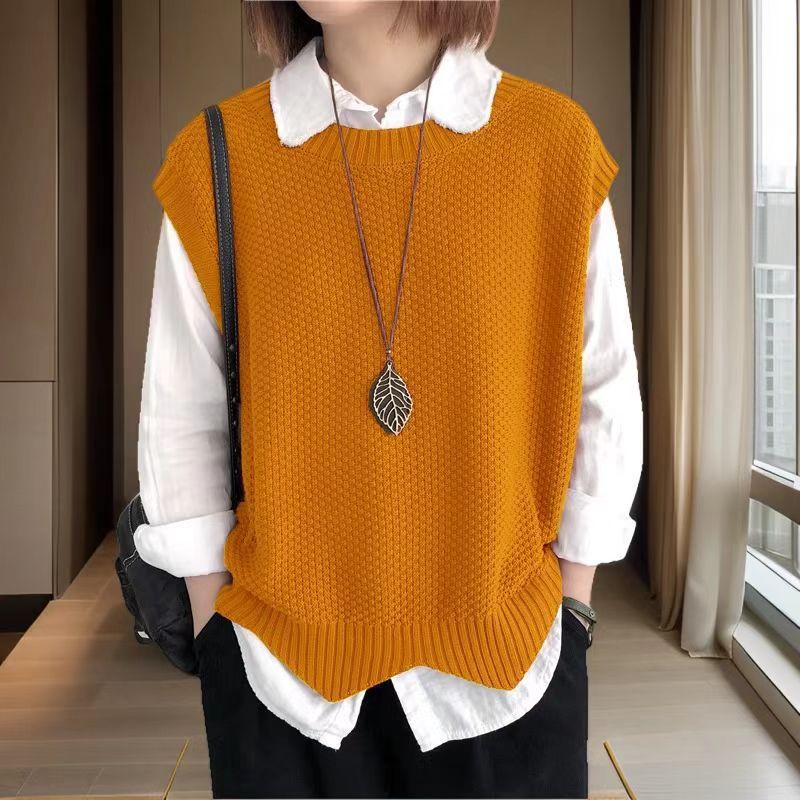 Ladies' Casual Loose Fit Knitted Vest with Wavy Hem and O Neck