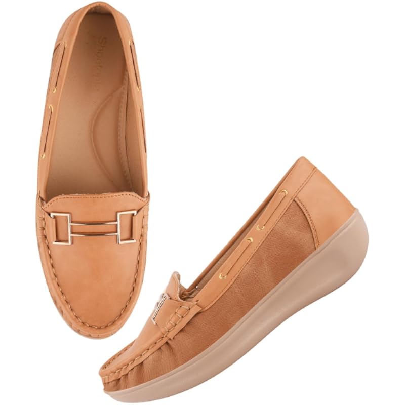 Shoetopai Women'S Tan Comfort Loafers Soft Slip-On Driving Shoes With Gold Bit Detail & Cushioned Sole For Daily Eu42
