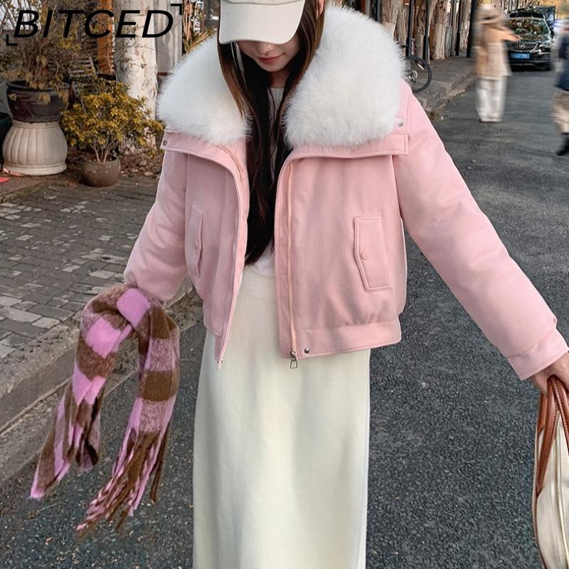 BITCED Women's Short Down Jacket with Oversized Fur Collar Winter Stylish Quilted Coat Thickened Outerwear American Style