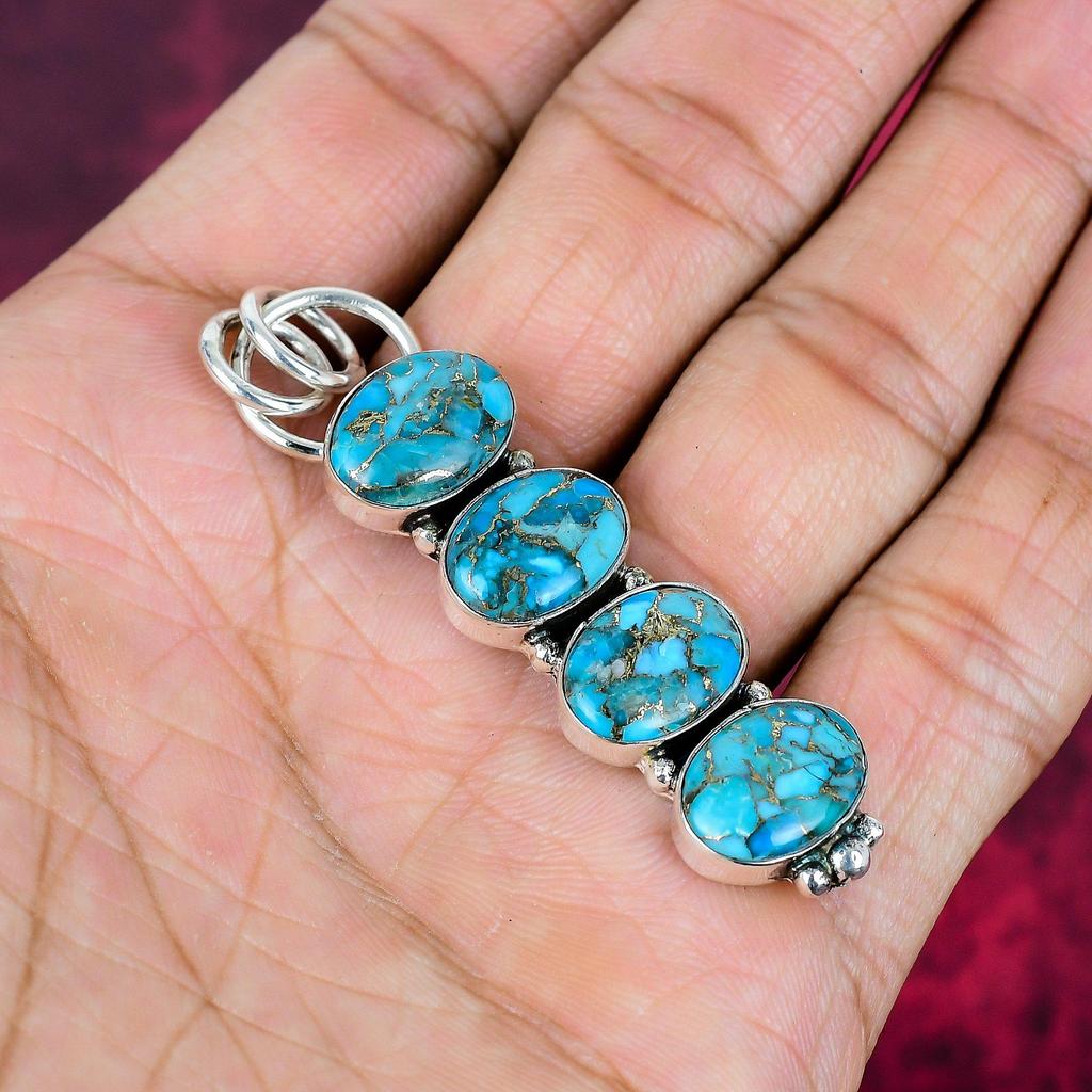 Modrý měděný tyrkysový ručně vyrobený přívěsek drahokam, 925 masivní přívěsek ze sterlingového stříbra starožitné šperky, jako dárek k zásnubám