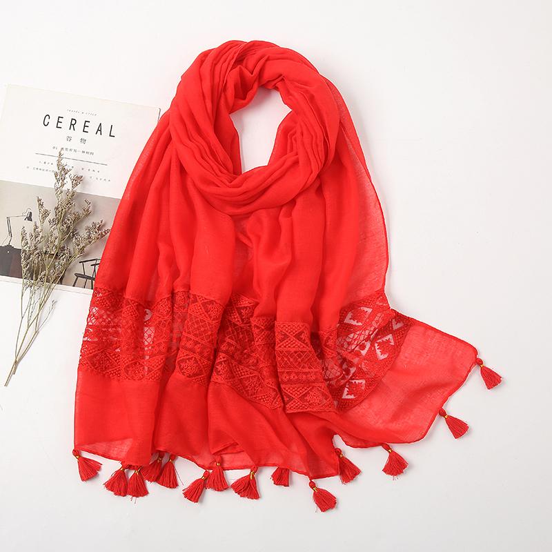 Elegant Lace Cotton Scarf With Tassel Shawl For Women Fashion Geometry Design Muslim Hijab Big Size Scarves 210*70Cm