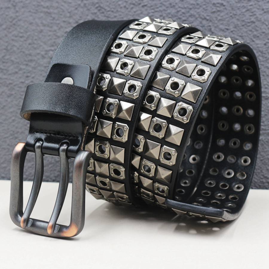 Rivet Belt Genuine Leather Double Pin Buckle Belt Classic Hollowed Out Strap Jeans Cowhide Men Waistband Width:3.8cm