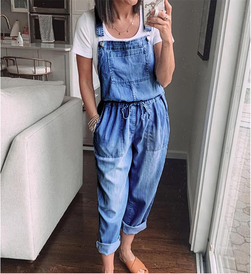 

2022 Women s Casual Denim Drawstring Bib Overalls Jumpsuit XXL
