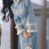 Blue Lady 2026 Winter Qipao: Velvet Plush Collar, Wide Sleeves Dress