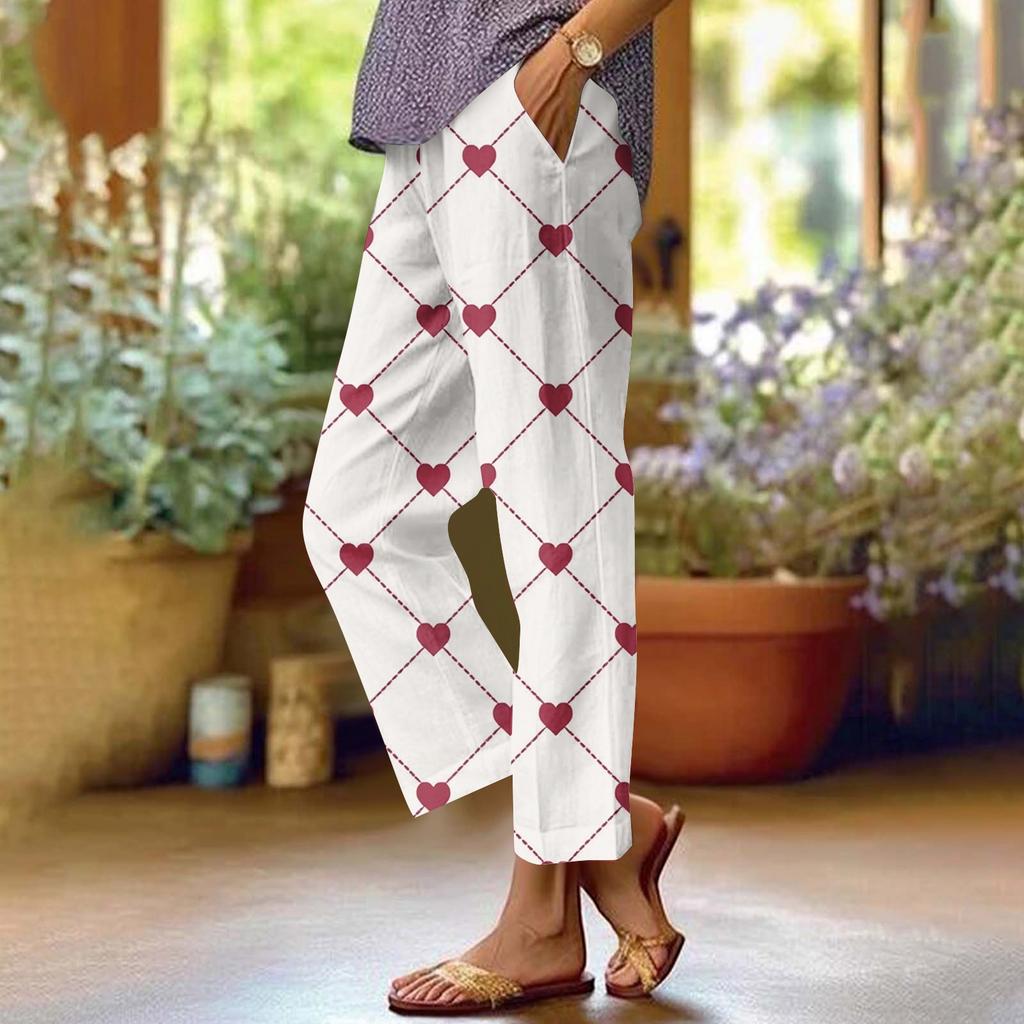 Women's Cotton Linen Pants Printing Summer Wide Leg Casual Loose Drawstring High Waist Palazzo Pants Trousers With Pockets