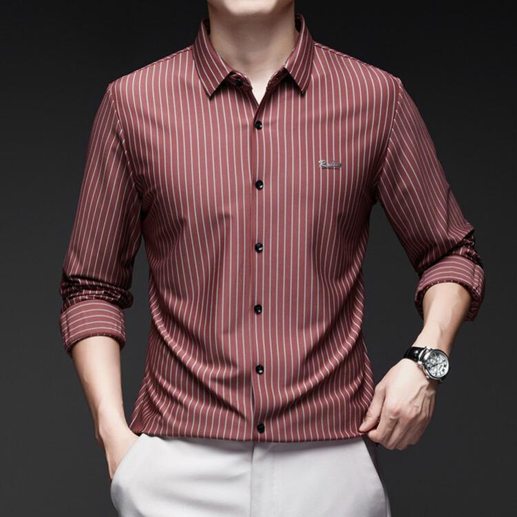 Spring and Autumn Men's Seamless Ice Silk Long-sleeved Shirt, High-end Dad Wear, Non-iron, Anti-wrinkle Casual Striped Shirt