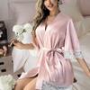 Ladies Elegant Satin Robe Lace Trim Kimono Short Sleepwear Nightgown V Neck Belted Bridal Loungewear Bridesmaid Gift