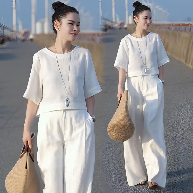 Elegant Fashionable Linen Wide Leg Pants Set Women's Summer New Design Unique Two Piece Suit Casual Commute Style Round Neck