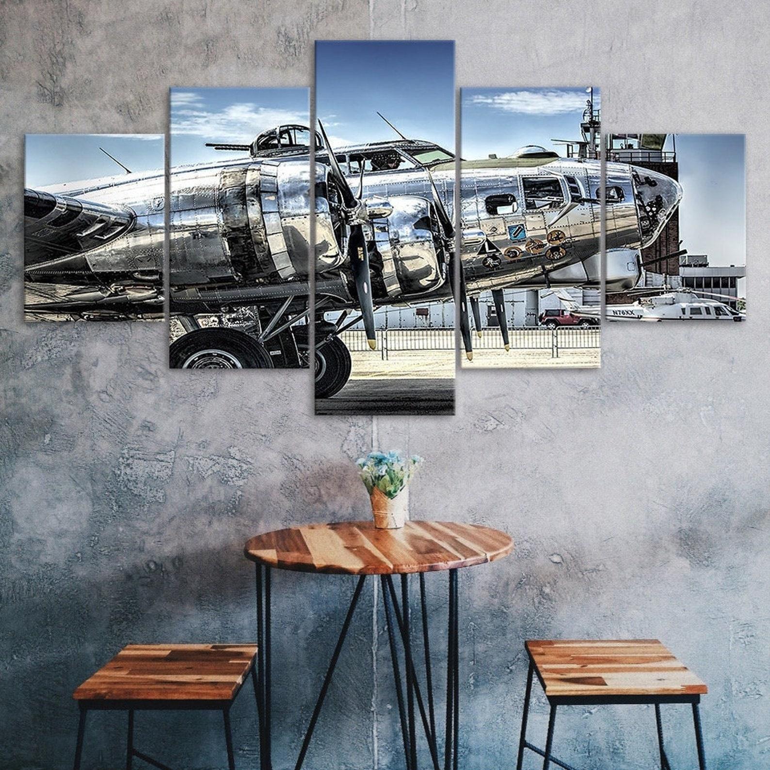 

Old Plane Silver Color Aircraft 5 Piece Five Panel Wall Canvas Print Modern Art Poster Picture Home Decor Gift For Him For Her 20x35 20x45 20x55cm
