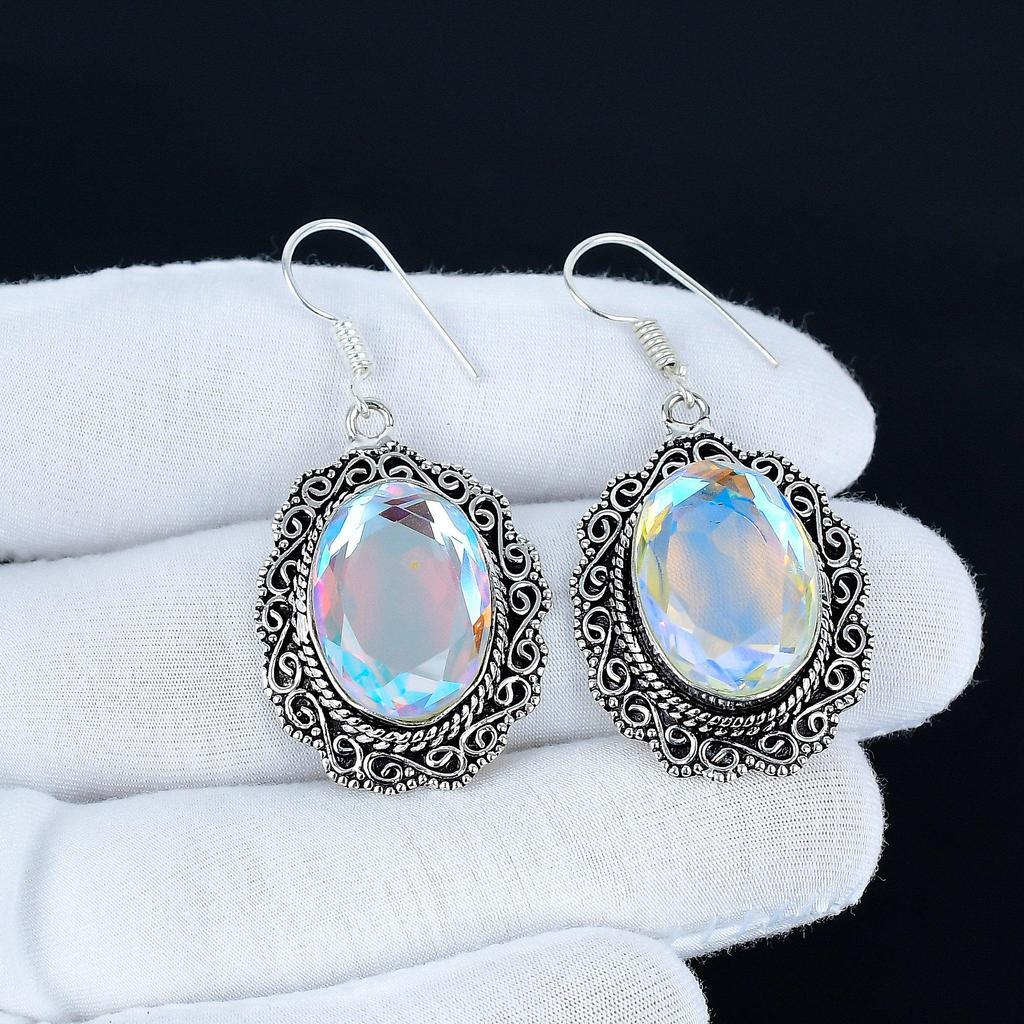 Mystic Topaz Gemstone Earrings, 925 Sterling Silver Earrings, Silver Earrings For Gift, Mystic Topaz Dangle Drop Earrings For Anniversary Gifts