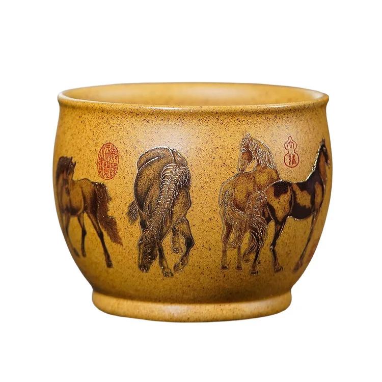 

250ml Purple Clay Eight Steeds Pattern Teacup Ancient Tea Bowl Tea Pair Tea-tasting Smelling Cup Chazhan Master Cups Drinkware