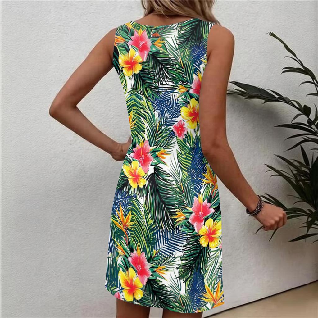 Robe d'été décontractée à fleurs pour femme, col rond, sans manches