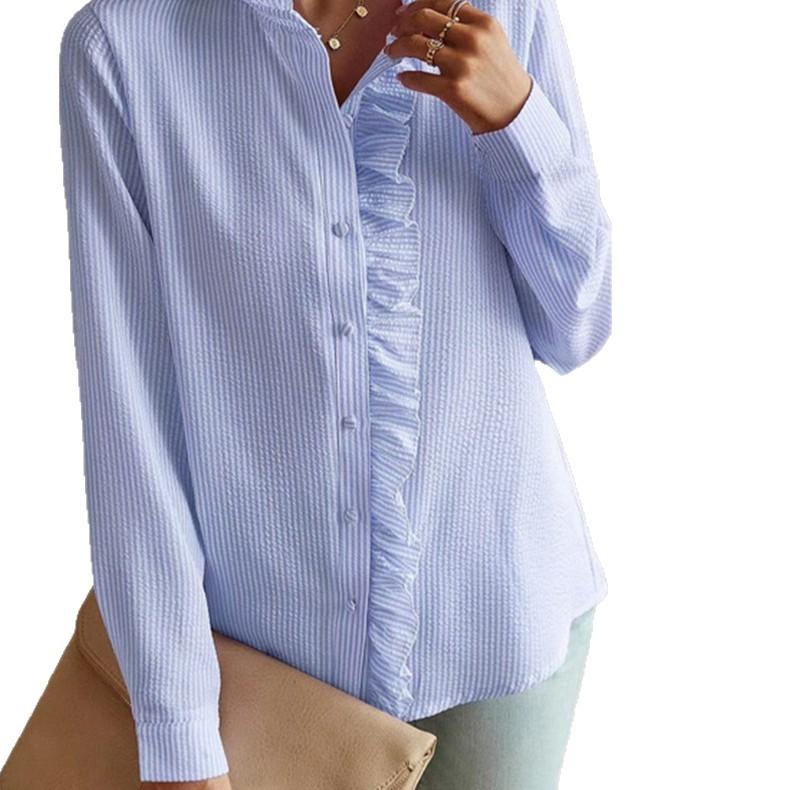1116 New European and American stand-up collar autumn fungus edge cardigan ruffle edge long-sleeved bubble top women's shirt