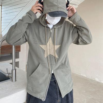 Gothic Harajuku Vintage Star Hoodies Korean Fashion Hip Hop Zip Up Long Sleeve Loose Sweatshirt Jacket Y2k Style Clothes