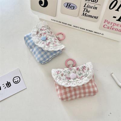 Mini Cute Sweet Lace Floral Coin Purse  Pink Blue Plaid Headphone Protective Case Girls Portable Small Storage Bag