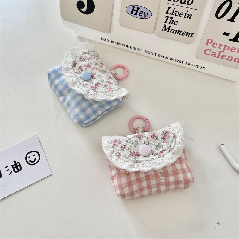 Mini Cute Sweet Lace Floral Coin Purse  Pink Blue Plaid Headphone Protective Case Girls Portable Small Storage Bag