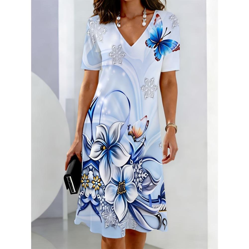 Ladies Summer V-Neck Short Sleeve 3D Butterfly Floral Print Casual Mini Dress Vacation Style Women's Clothing
