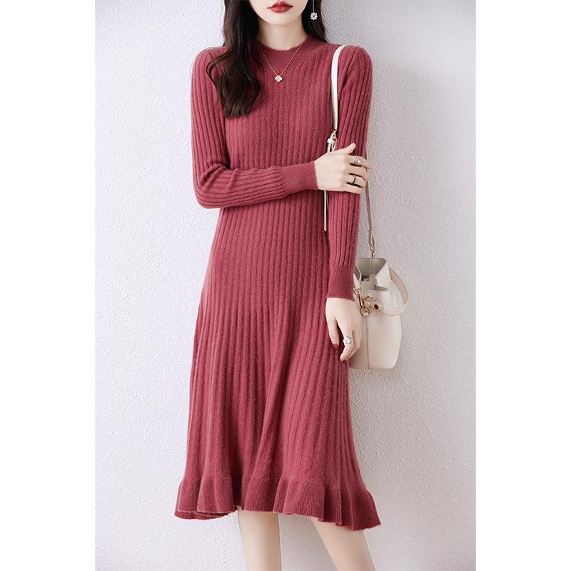 Women's Mid-Length Merino Wool Knit Dress - Autumn/Winter Cashmere Blend Sweater Skirt with Round Neck