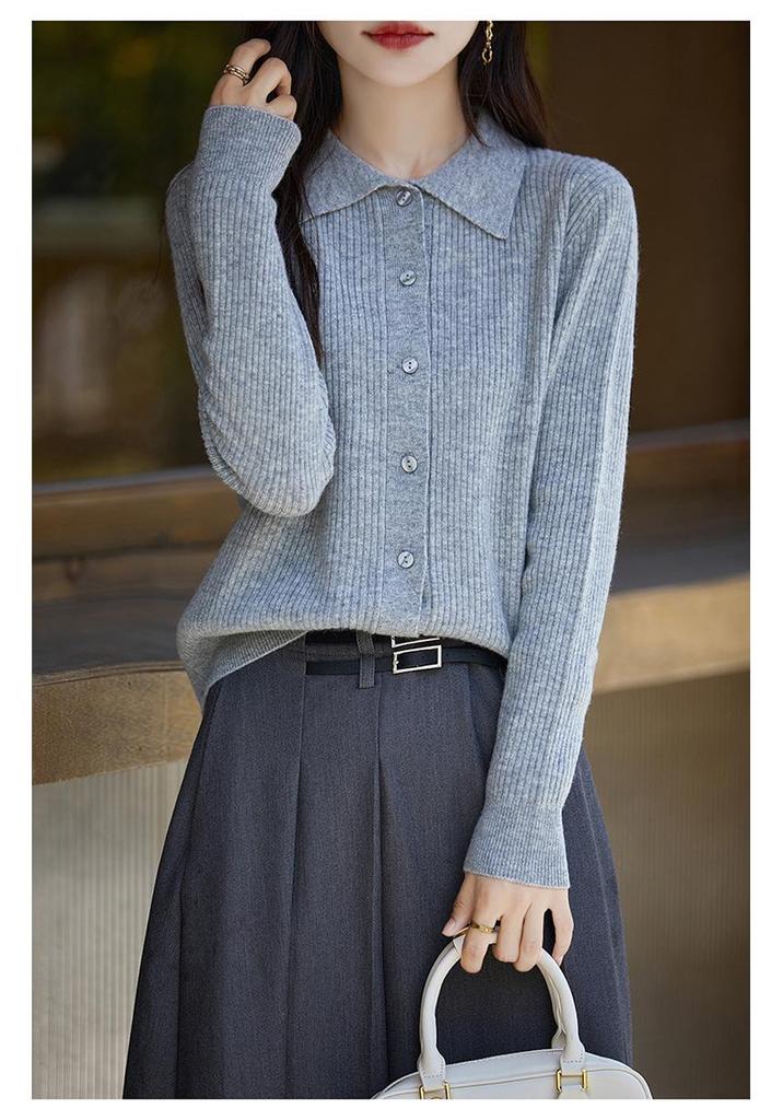 2024 Autumn/Winter Women's 100% Wool Striped Polo Collar Cardigan - Loose, Slimming, Versatile Fashion.