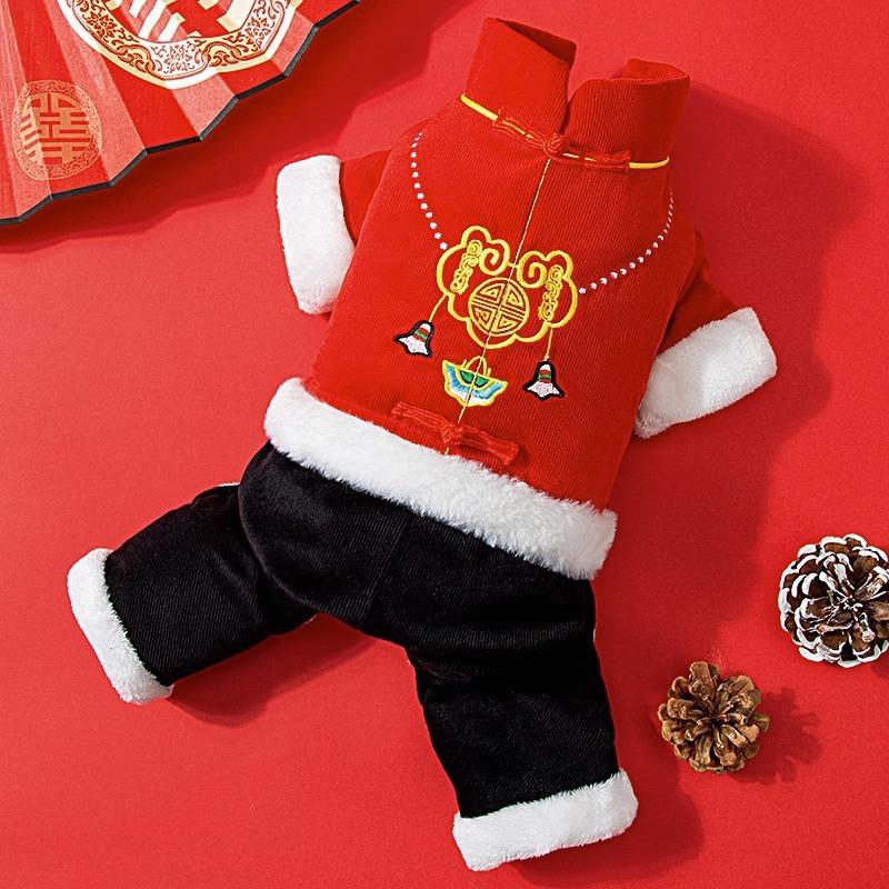 Clothing Autumn and Winter Gold Lock Embroidered Plate Buckle New Year's Four-legged Cotton-Padded Clothes Medium and Small Dog Teddy Pet Dog Clothes