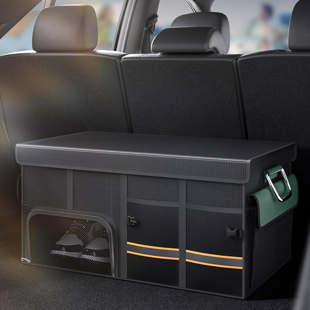 Car Trunk Organizer with Lid Shoes Compartment Reflective Belt Collapsible Waterproof Auto Organizer Multi Compartments
