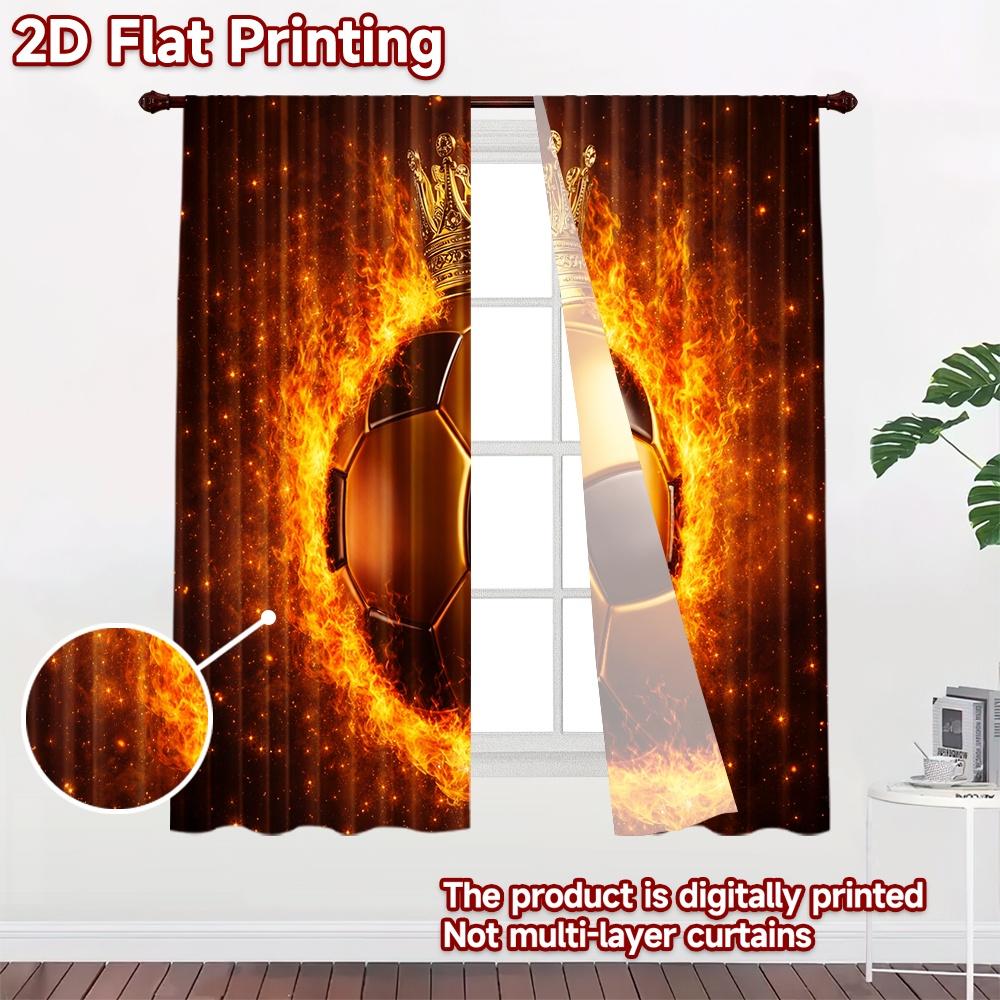 2D Flat Printing 2pcs Curtain Party Curtains Fiery Soccer Crown Digital Printed Polyester Drapes Festive Curtains for Holiday