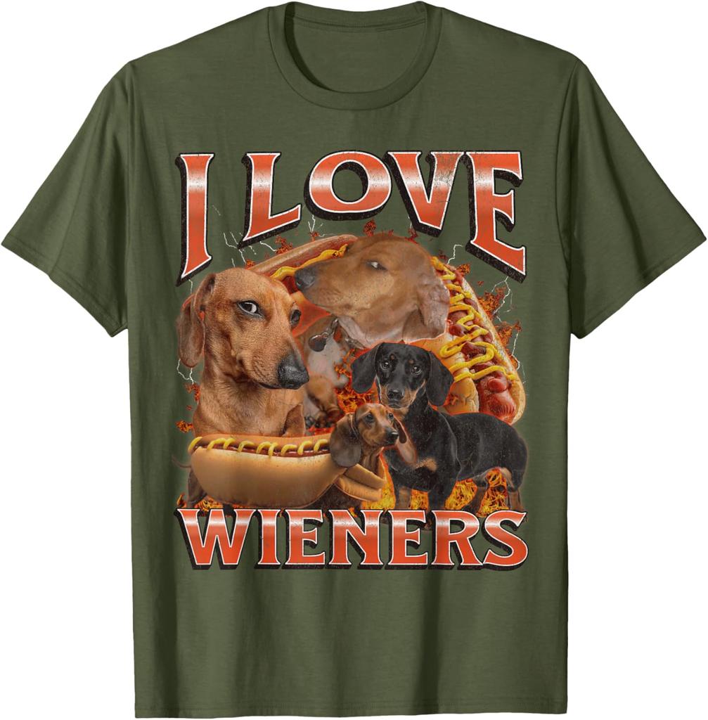 I Love Wieners Dachshund Dog Hot Dog Graphic Tee Funny Casual Cotton Short Sleeve T-Shirt Pets Owner Walking Outdoor