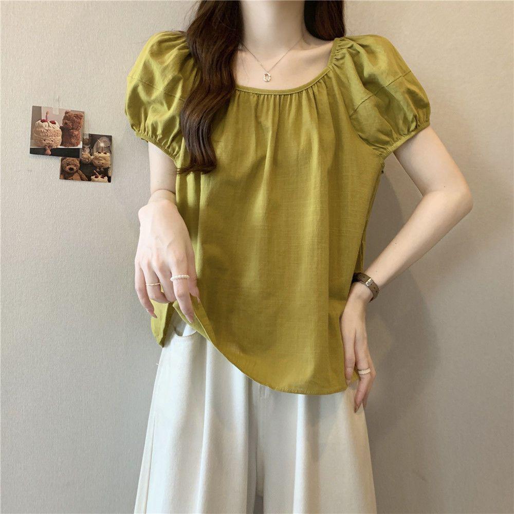 Plus Size Women's Pleated Puff Sleeve Summer Top - Loose, Slimming, Belly Covering, Versatile and Fashionable.