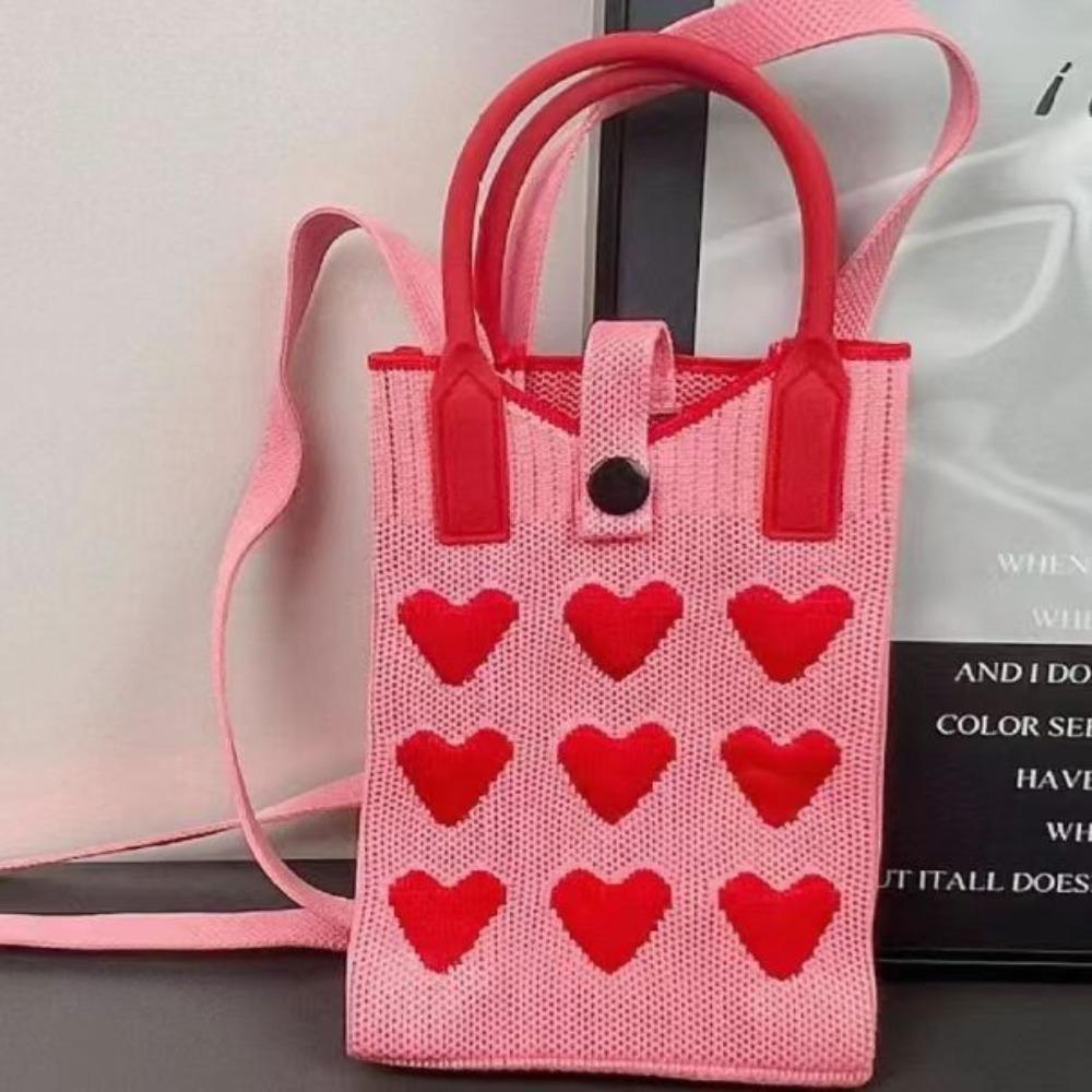 

Sweet Love Knitted Mobile Phone Bag Silicone Handle Fashion Women Mini Shoulder Bag Mini Korean Knit Handbag Female Lady Girl
