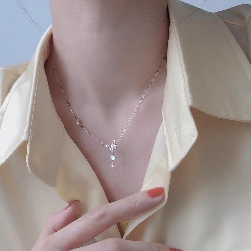 Moonlight Glazed Butterfly Necklace in S925 Sterling Silver - Sweet Heart Tassel Clavicle Chain