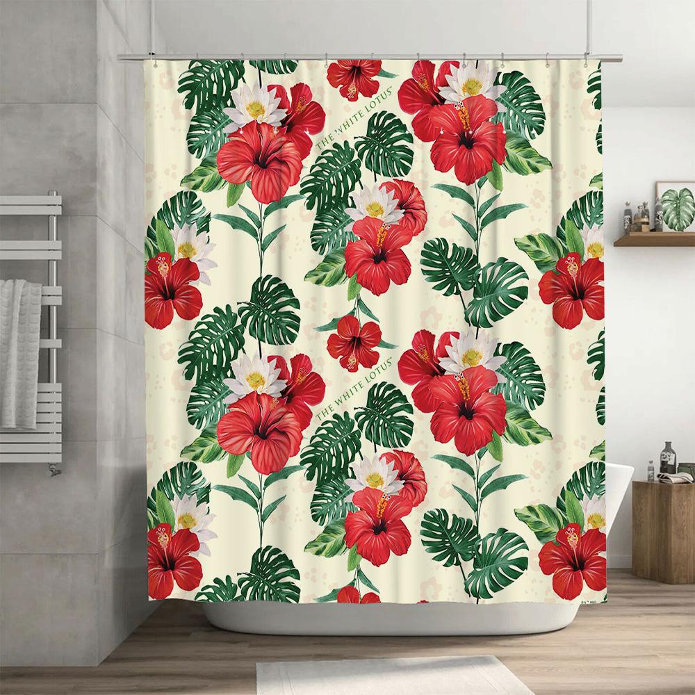 Red Hibiscus Shower Curtain Bathroom Decor Waterproof Fabric Home Accessories White Lotus Floral Printing Design Modern Colorful