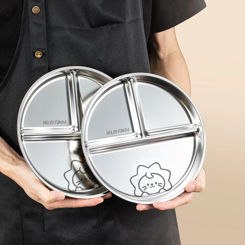 WORTHBUY Round Dinner Plate With Compartments 304 Stainless Steel Divided Dinner Dish Fruit Salad Food Plates Kitchen Tableware