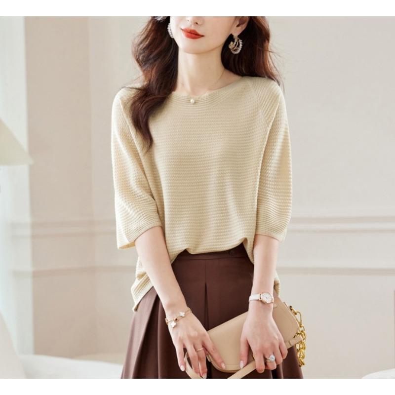 Crew neck medium sleeve T-shirt women's spring and summer new elegant style loose thin knitted sweater fashion pullover sweater women
