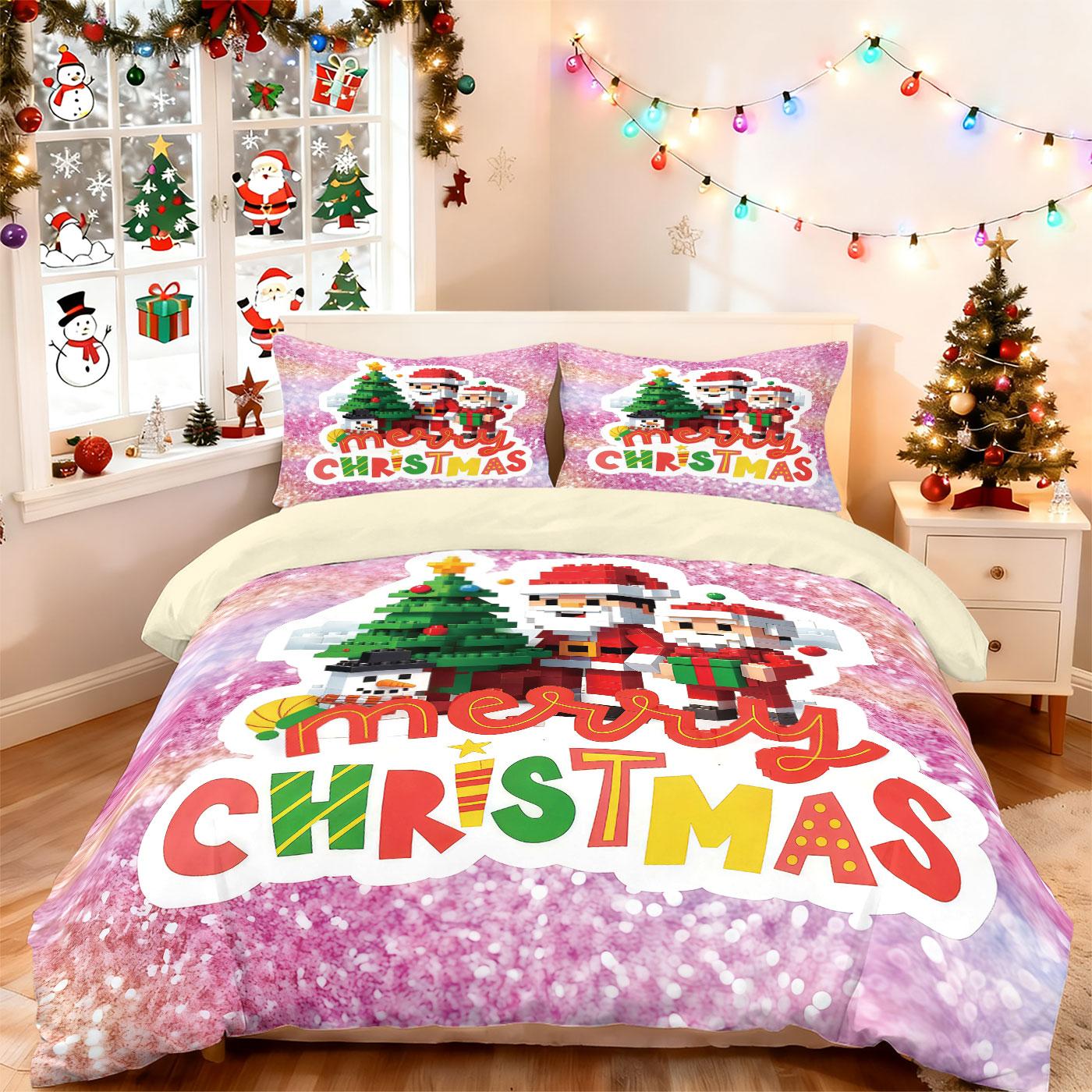 

Comforter 3Pcs Building Block Style Cartoon Santa Claus Printed Coreless Bedding Set Multi Size Bedroom Bedding Holiday Decoration Comforter (quilt)-EU Single(135*200cm)3pcs
